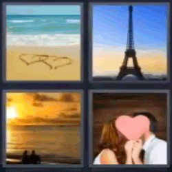 4 fotos 1 palabra corazones en la playa